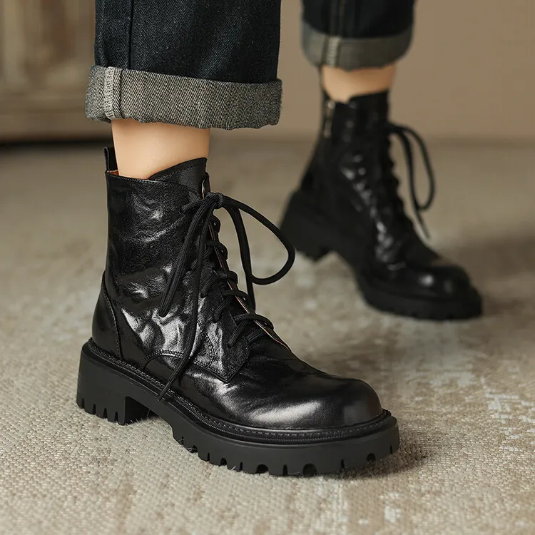 Top-grain sheepskin Martin boots, autumn and winter fashion, side zipper short boots, platform, chunky heel, women's boots, 10-10V