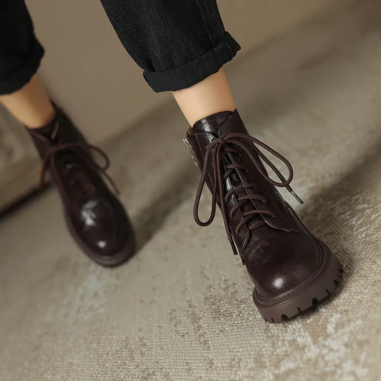 Top-grain sheepskin Martin boots, autumn and winter fashion, side zipper short boots, platform, chunky heel, women's boots, 10-10V