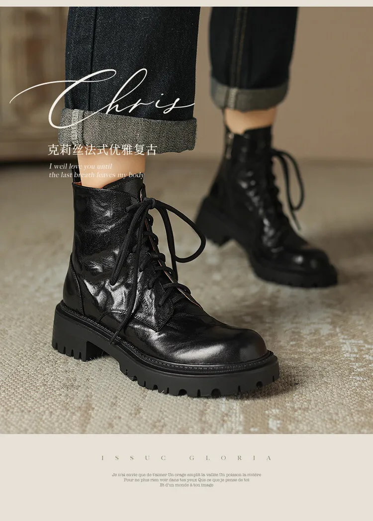 Top-grain sheepskin Martin boots, autumn and winter fashion, side zipper short boots, platform, chunky heel, women's boots, 10-10V