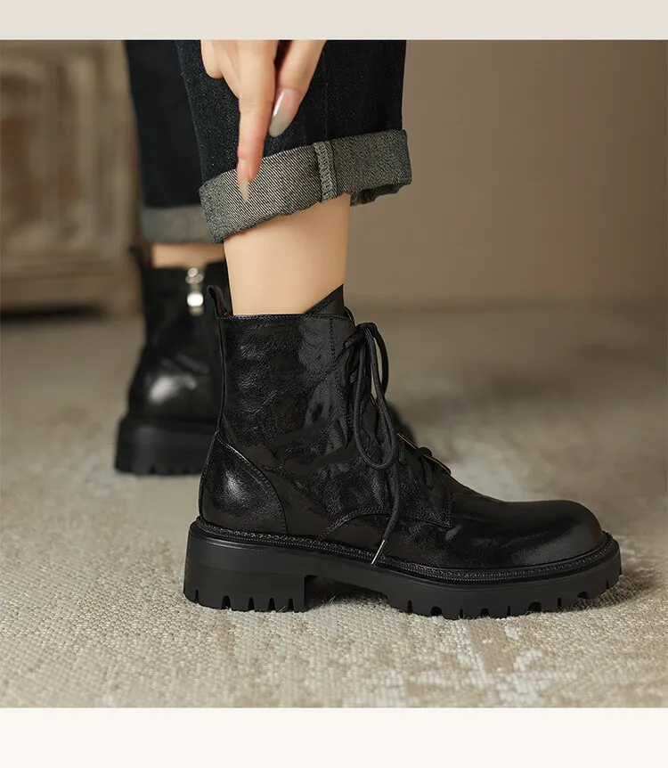 Top-grain sheepskin Martin boots, autumn and winter fashion, side zipper short boots, platform, chunky heel, women's boots, 10-10V
