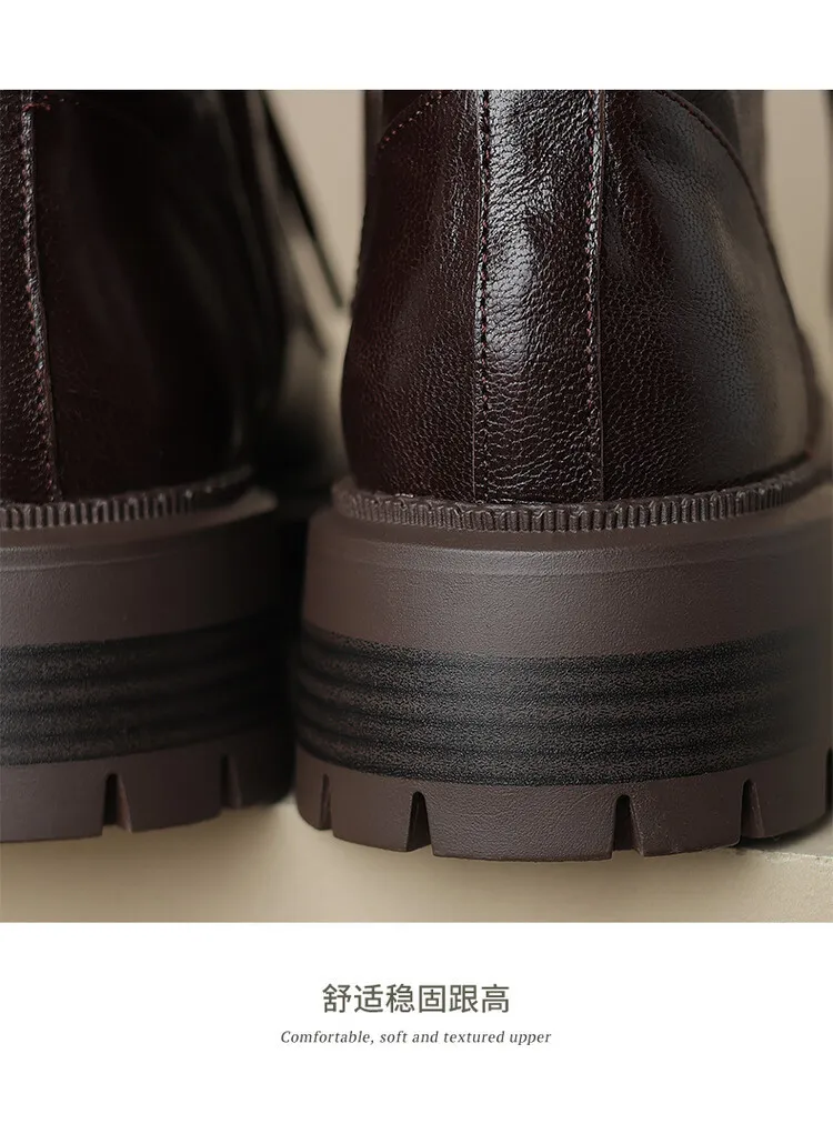 Top-grain sheepskin Martin boots, autumn and winter fashion, side zipper short boots, platform, chunky heel, women's boots, 10-10V