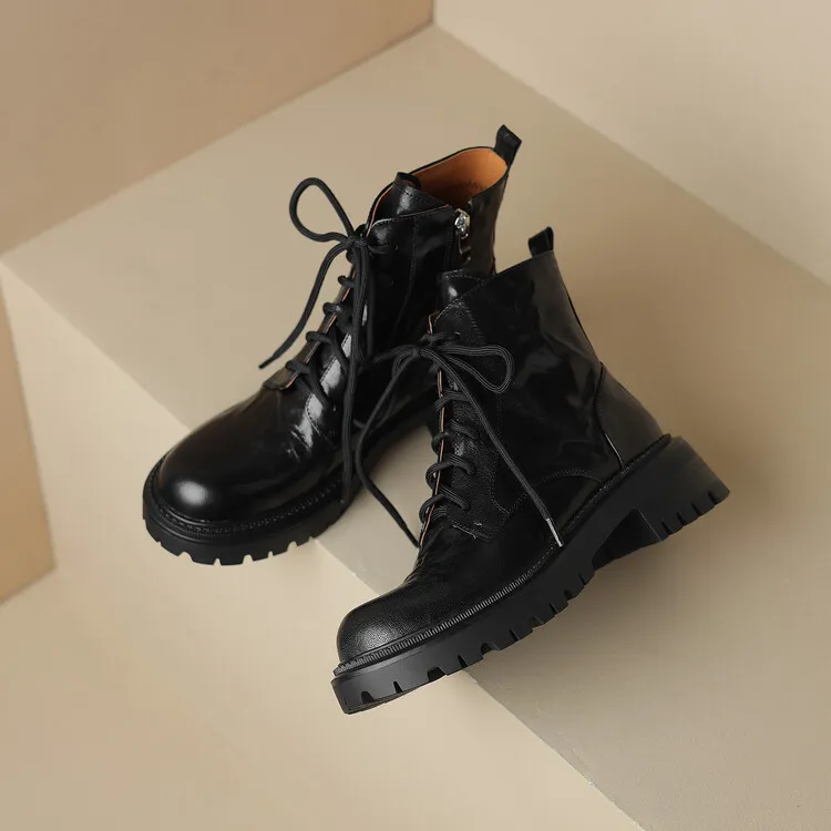 Top-grain sheepskin Martin boots, autumn and winter fashion, side zipper short boots, platform, chunky heel, women's boots, 10-10V