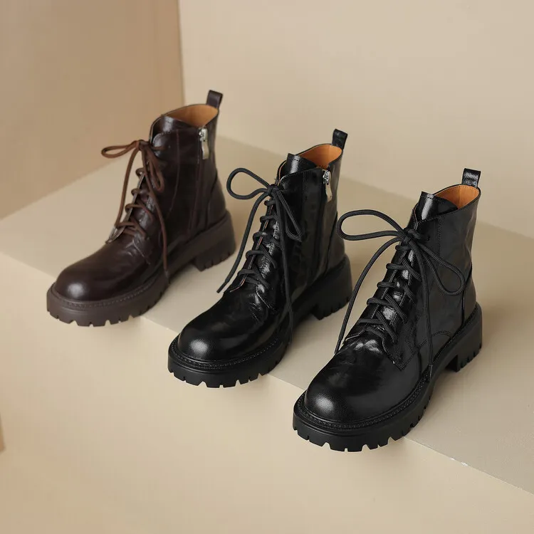 Top-grain sheepskin Martin boots, autumn and winter fashion, side zipper short boots, platform, chunky heel, women's boots, 10-10V