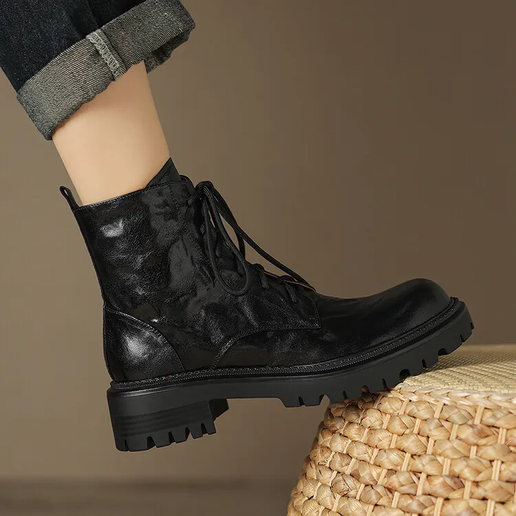 Top-grain sheepskin Martin boots, autumn and winter fashion, side zipper short boots, platform, chunky heel, women's boots, 10-10V