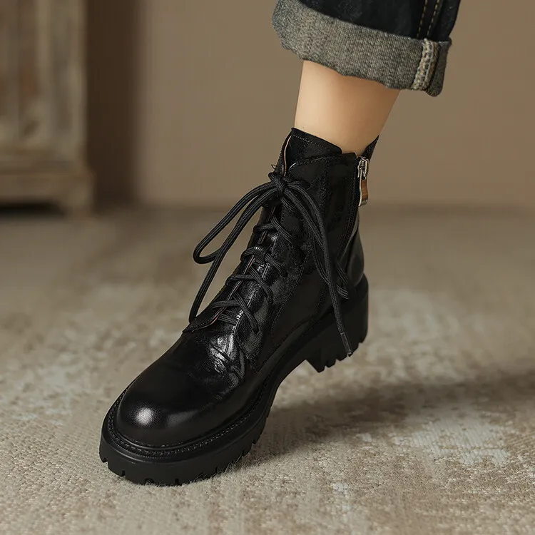 Top-grain sheepskin Martin boots, autumn and winter fashion, side zipper short boots, platform, chunky heel, women's boots, 10-10V
