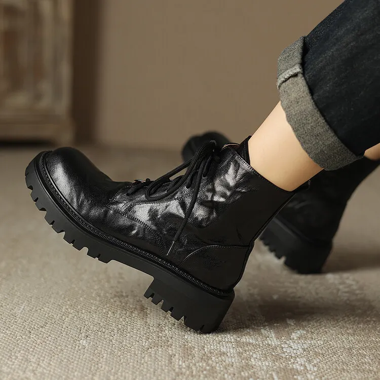 Top-grain sheepskin Martin boots, autumn and winter fashion, side zipper short boots, platform, chunky heel, women's boots, 10-10V