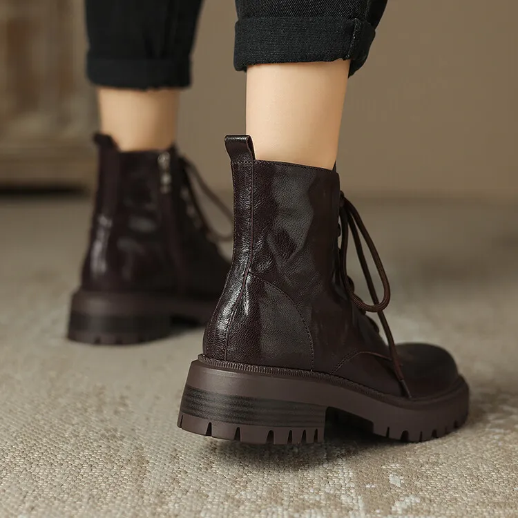 Top-grain sheepskin Martin boots, autumn and winter fashion, side zipper short boots, platform, chunky heel, women's boots, 10-10V