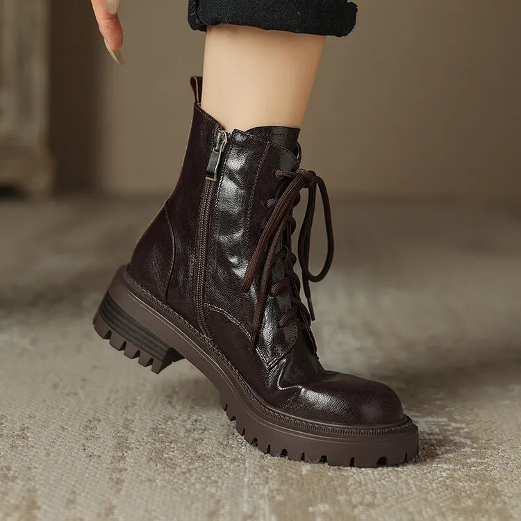 Top-grain sheepskin Martin boots, autumn and winter fashion, side zipper short boots, platform, chunky heel, women's boots, 10-10V