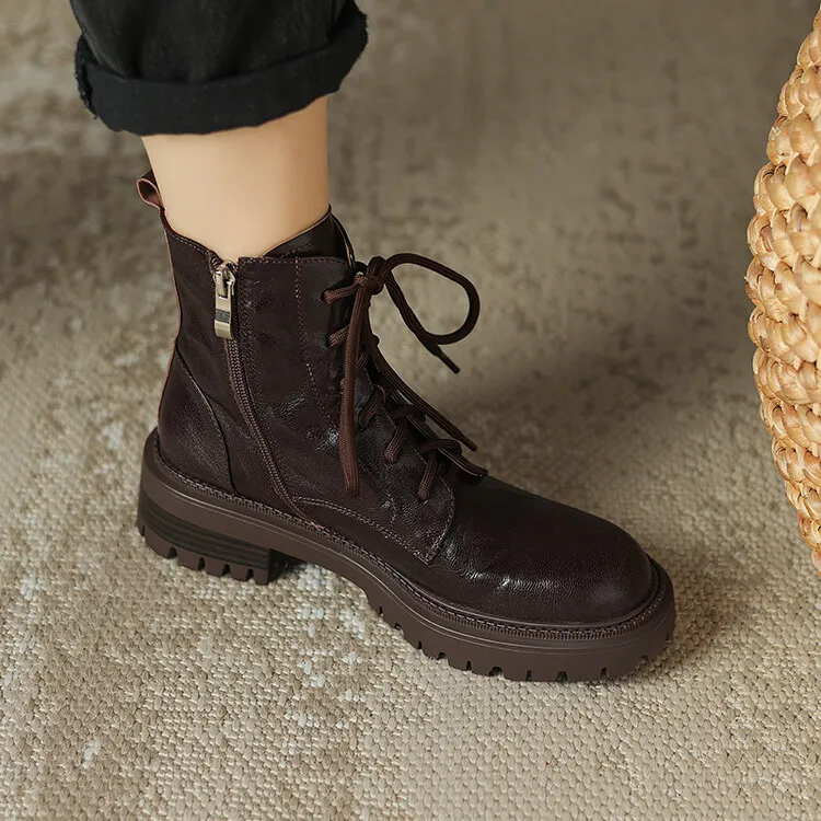 Top-grain sheepskin Martin boots, autumn and winter fashion, side zipper short boots, platform, chunky heel, women's boots, 10-10V