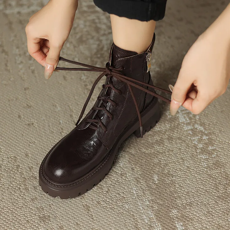 Top-grain sheepskin Martin boots, autumn and winter fashion, side zipper short boots, platform, chunky heel, women's boots, 10-10V
