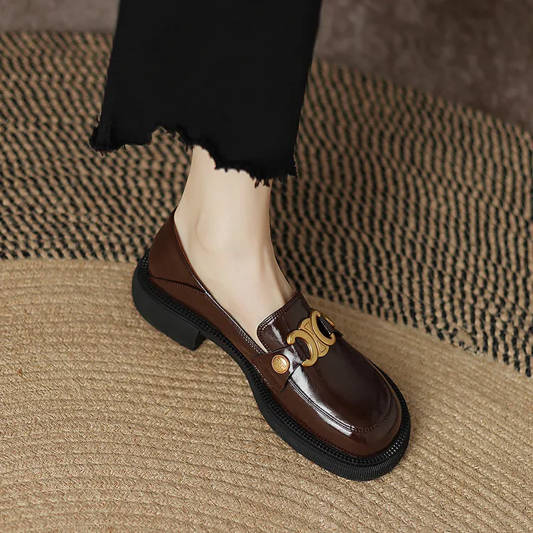 Women's Spring and Autumn Fashion Loafers, Round Toe, Chunky Heel, Thick Sole, Slip-on, Fleece Lined, Sizes 34-43