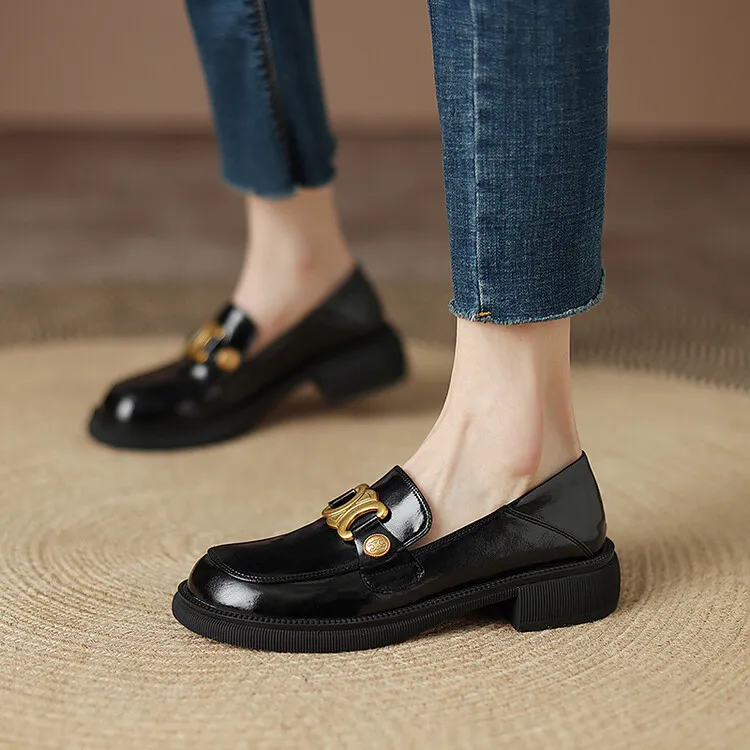 Women's Spring and Autumn Fashion Loafers, Round Toe, Chunky Heel, Thick Sole, Slip-on, Fleece Lined, Sizes 34-43
