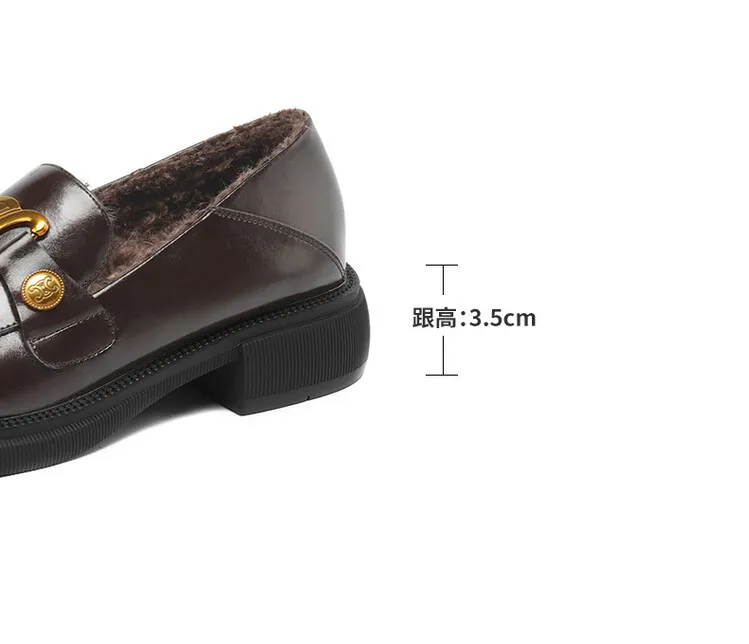 Women's Spring and Autumn Fashion Loafers, Round Toe, Chunky Heel, Thick Sole, Slip-on, Fleece Lined, Sizes 34-43