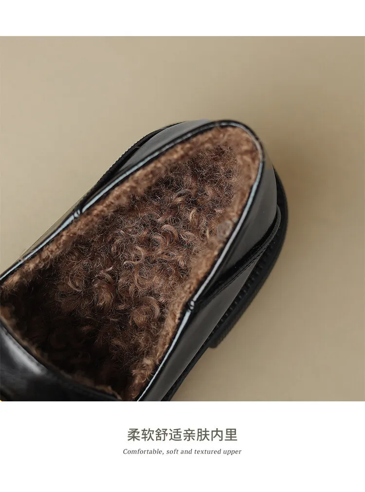 Women's Spring and Autumn Fashion Loafers, Round Toe, Chunky Heel, Thick Sole, Slip-on, Fleece Lined, Sizes 34-43