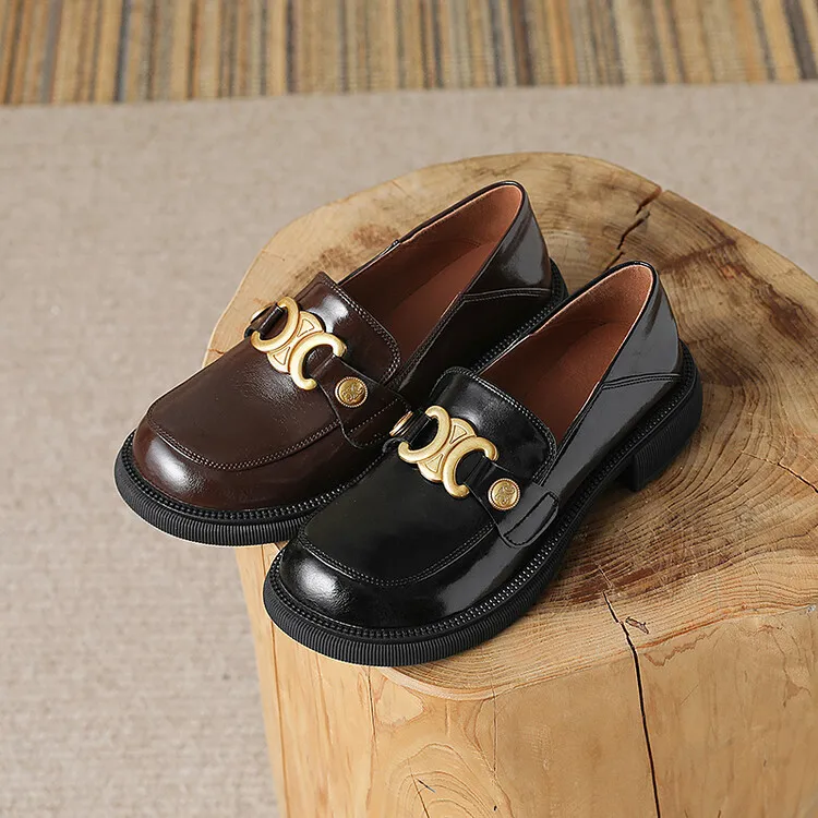 Women's Spring and Autumn Fashion Loafers, Round Toe, Chunky Heel, Thick Sole, Slip-on, Fleece Lined, Sizes 34-43