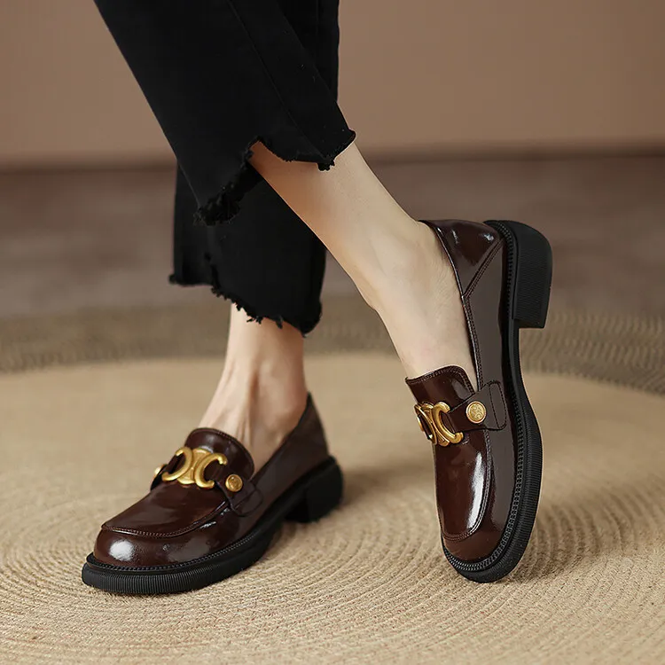 Women's Spring and Autumn Fashion Loafers, Round Toe, Chunky Heel, Thick Sole, Slip-on, Fleece Lined, Sizes 34-43