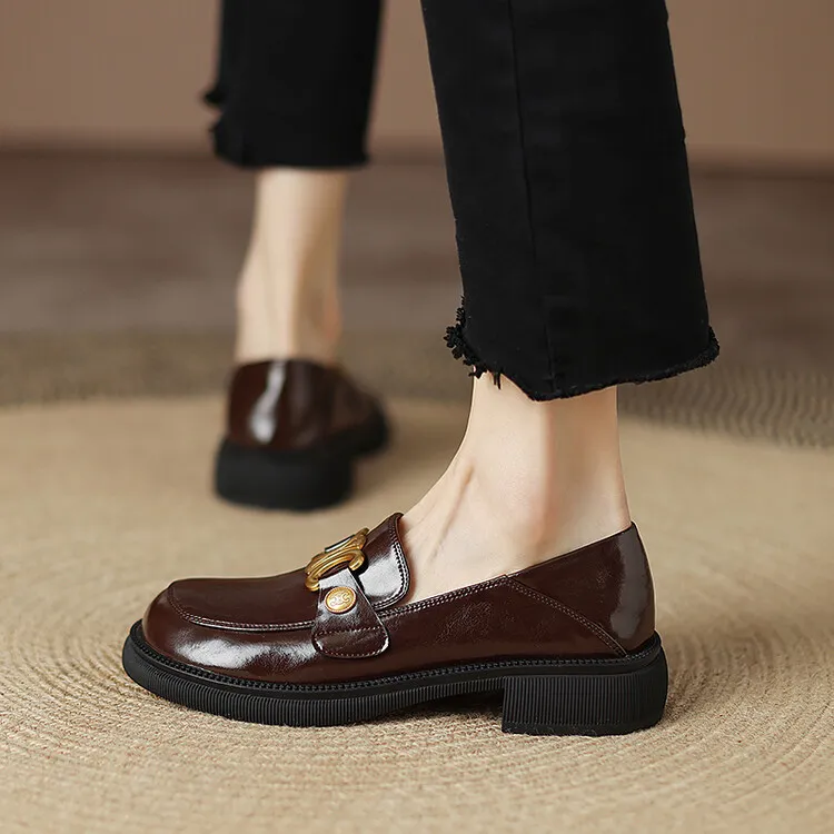 Women's Spring and Autumn Fashion Loafers, Round Toe, Chunky Heel, Thick Sole, Slip-on, Fleece Lined, Sizes 34-43