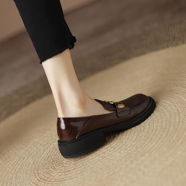 Women's Spring and Autumn Fashion Loafers, Round Toe, Chunky Heel, Thick Sole, Slip-on, Fleece Lined, Sizes 34-43