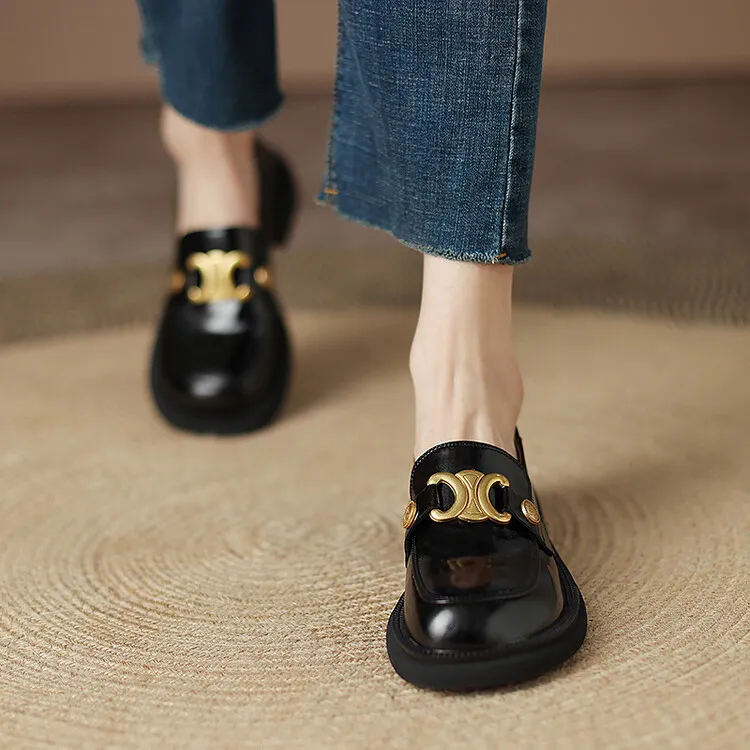 Women's Spring and Autumn Fashion Loafers, Round Toe, Chunky Heel, Thick Sole, Slip-on, Fleece Lined, Sizes 34-43