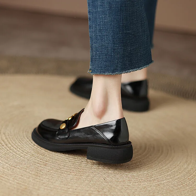 Women's Spring and Autumn Fashion Loafers, Round Toe, Chunky Heel, Thick Sole, Slip-on, Fleece Lined, Sizes 34-43