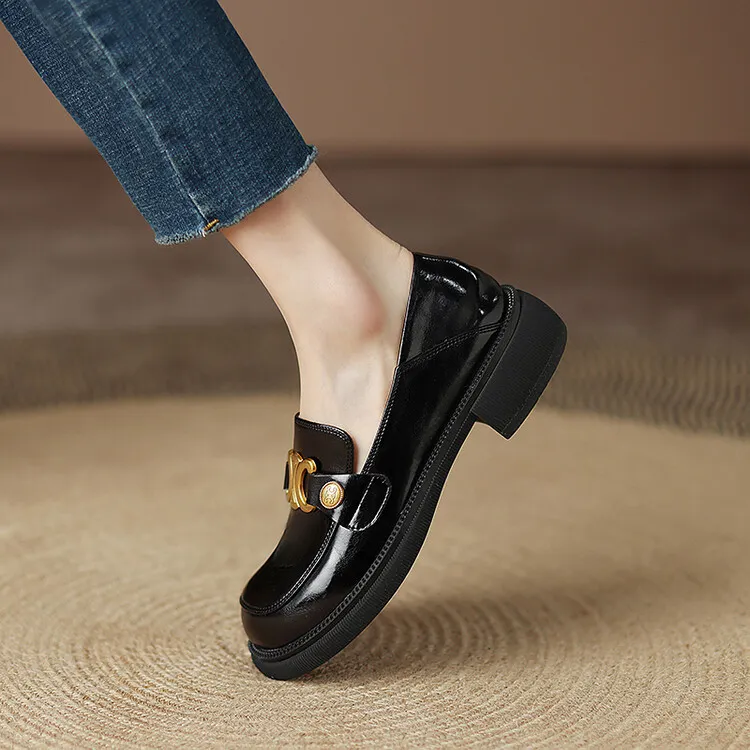 Women's Spring and Autumn Fashion Loafers, Round Toe, Chunky Heel, Thick Sole, Slip-on, Fleece Lined, Sizes 34-43