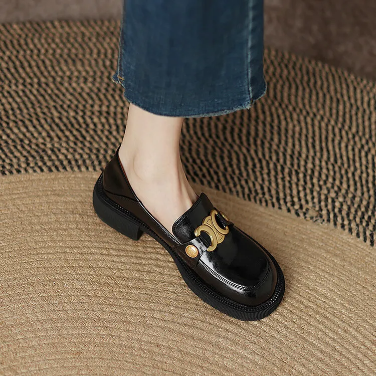 Women's Spring and Autumn Fashion Loafers, Round Toe, Chunky Heel, Thick Sole, Slip-on, Fleece Lined, Sizes 34-43