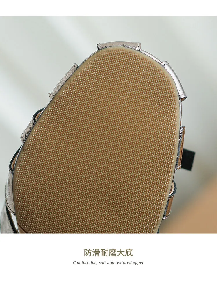 Fashionable Spring/Summer Closed-Toe Sandals for Women, Retro Silver, Mid-Heel, Chunky Heel, Roman Sandals, Sizes 3-16c