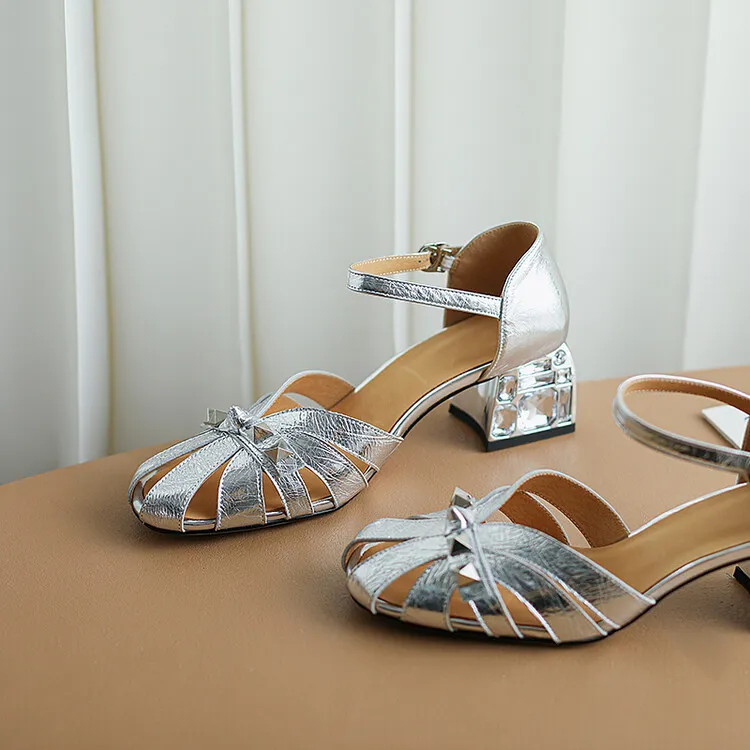 Fashionable Spring/Summer Closed-Toe Sandals for Women, Retro Silver, Mid-Heel, Chunky Heel, Roman Sandals, Sizes 3-16c