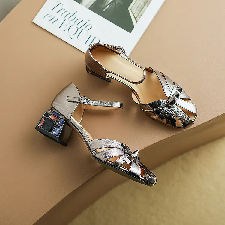 Fashionable Spring/Summer Closed-Toe Sandals for Women, Retro Silver, Mid-Heel, Chunky Heel, Roman Sandals, Sizes 3-16c