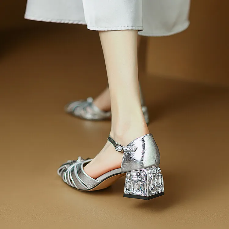 Fashionable Spring/Summer Closed-Toe Sandals for Women, Retro Silver, Mid-Heel, Chunky Heel, Roman Sandals, Sizes 3-16c
