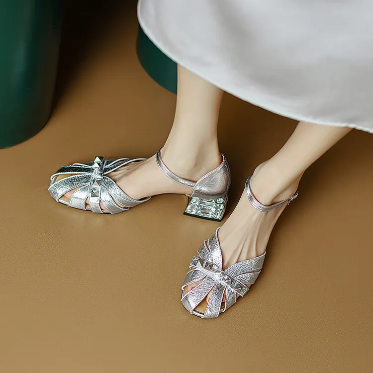 Fashionable Spring/Summer Closed-Toe Sandals for Women, Retro Silver, Mid-Heel, Chunky Heel, Roman Sandals, Sizes 3-16c