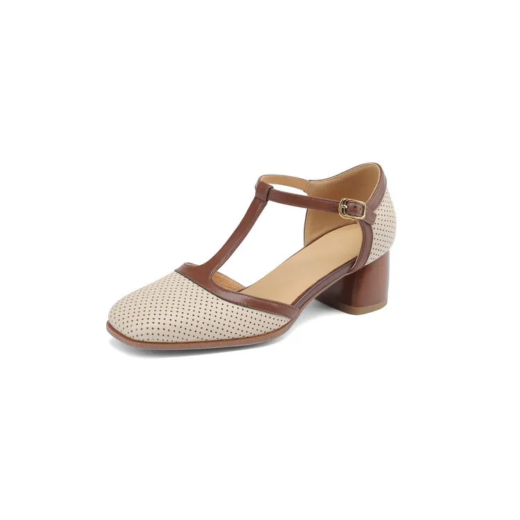 Women's Leather Closed-Toe Sandals, Mid-Heel, French Retro Style, Color Block, T-Strap, Mesh Roman Sandals, 3-16b