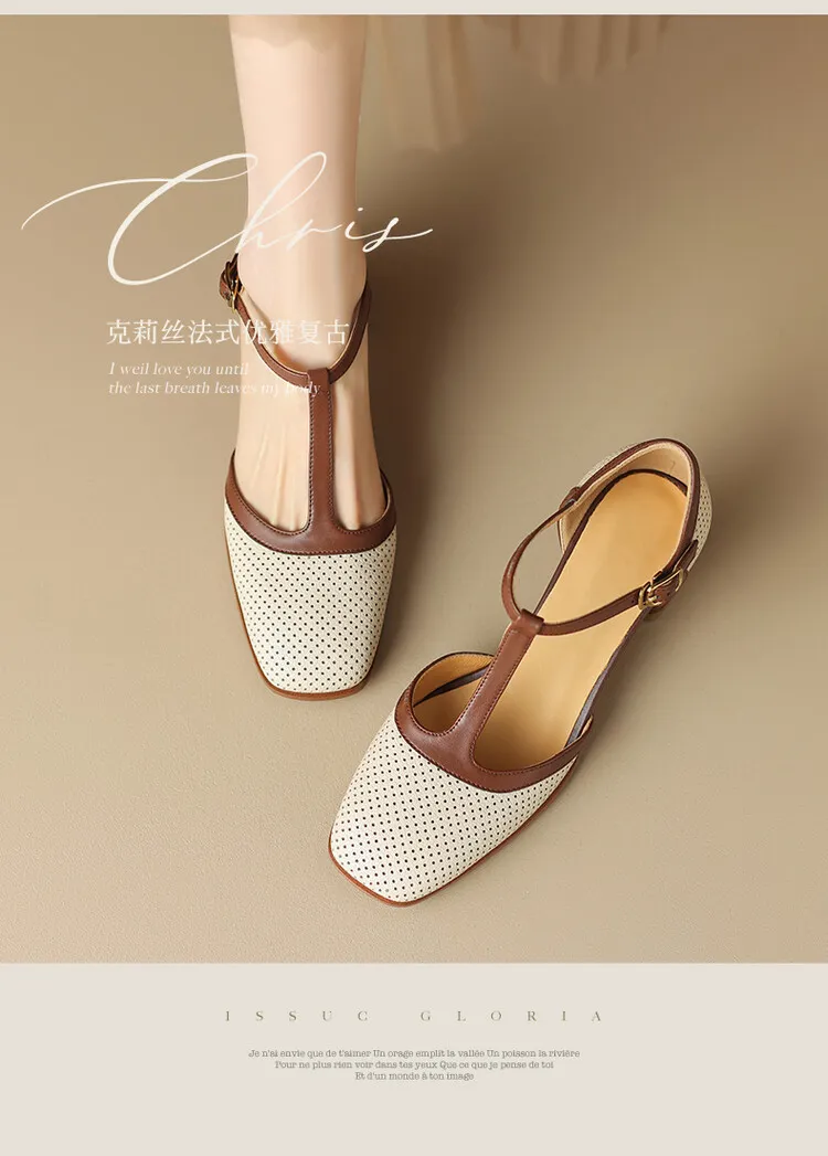 Women's Leather Closed-Toe Sandals, Mid-Heel, French Retro Style, Color Block, T-Strap, Mesh Roman Sandals, 3-16b
