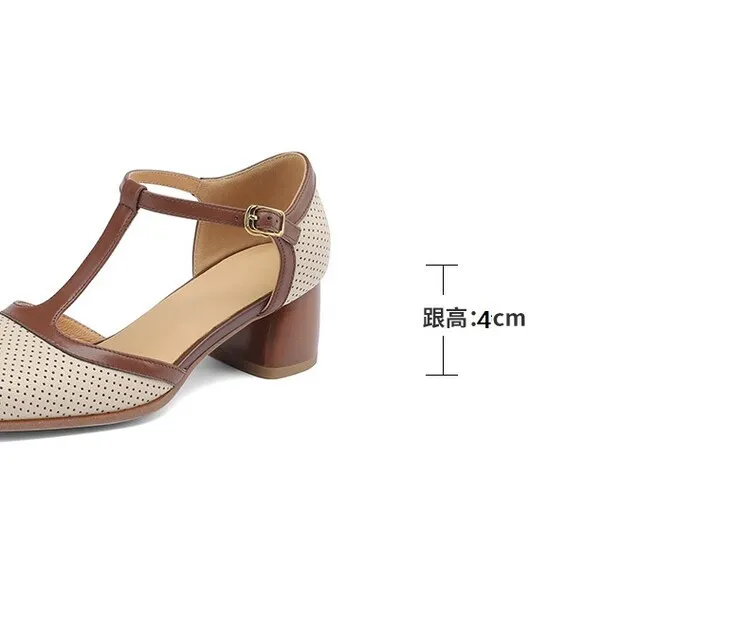 Women's Leather Closed-Toe Sandals, Mid-Heel, French Retro Style, Color Block, T-Strap, Mesh Roman Sandals, 3-16b