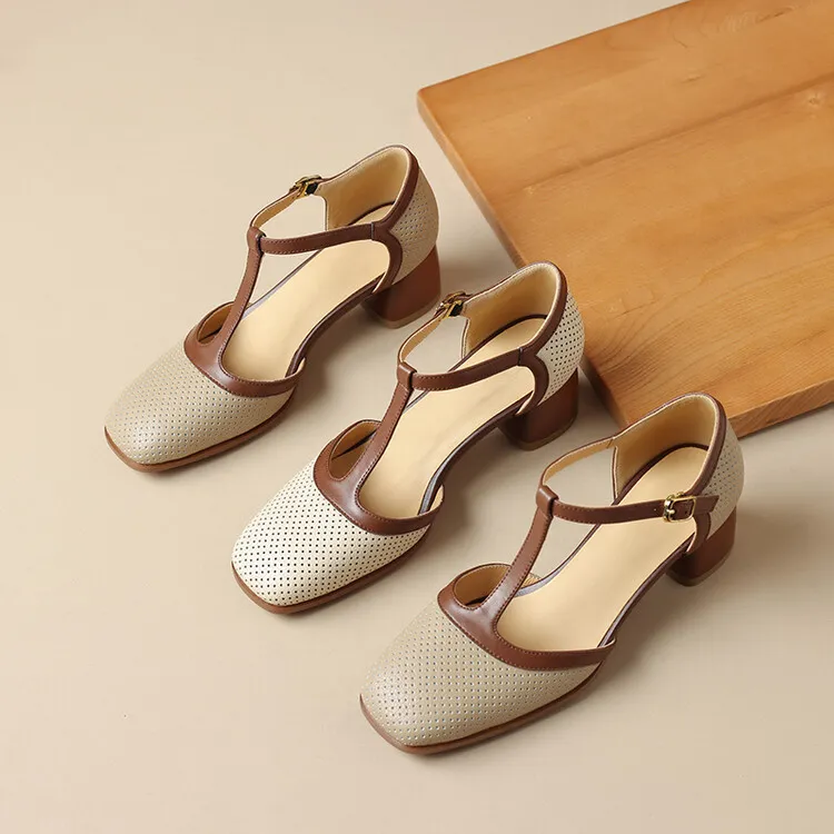 Women's Leather Closed-Toe Sandals, Mid-Heel, French Retro Style, Color Block, T-Strap, Mesh Roman Sandals, 3-16b