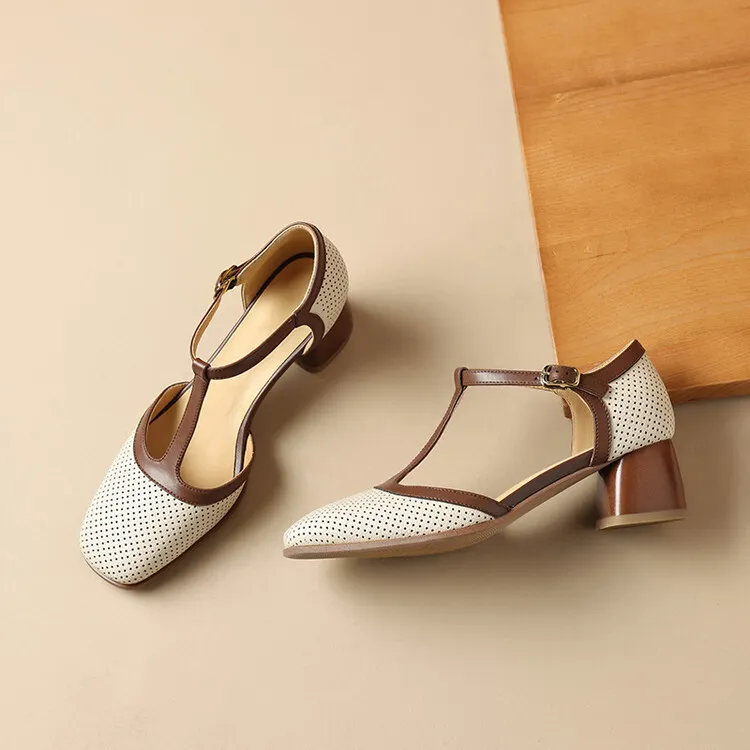 Women's Leather Closed-Toe Sandals, Mid-Heel, French Retro Style, Color Block, T-Strap, Mesh Roman Sandals, 3-16b
