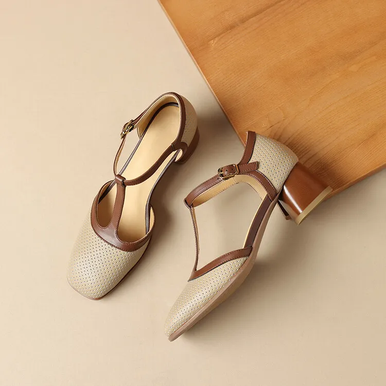 Women's Leather Closed-Toe Sandals, Mid-Heel, French Retro Style, Color Block, T-Strap, Mesh Roman Sandals, 3-16b