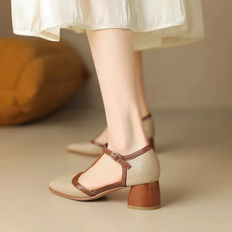 Women's Leather Closed-Toe Sandals, Mid-Heel, French Retro Style, Color Block, T-Strap, Mesh Roman Sandals, 3-16b
