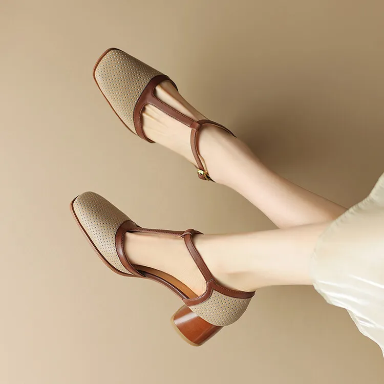Women's Leather Closed-Toe Sandals, Mid-Heel, French Retro Style, Color Block, T-Strap, Mesh Roman Sandals, 3-16b