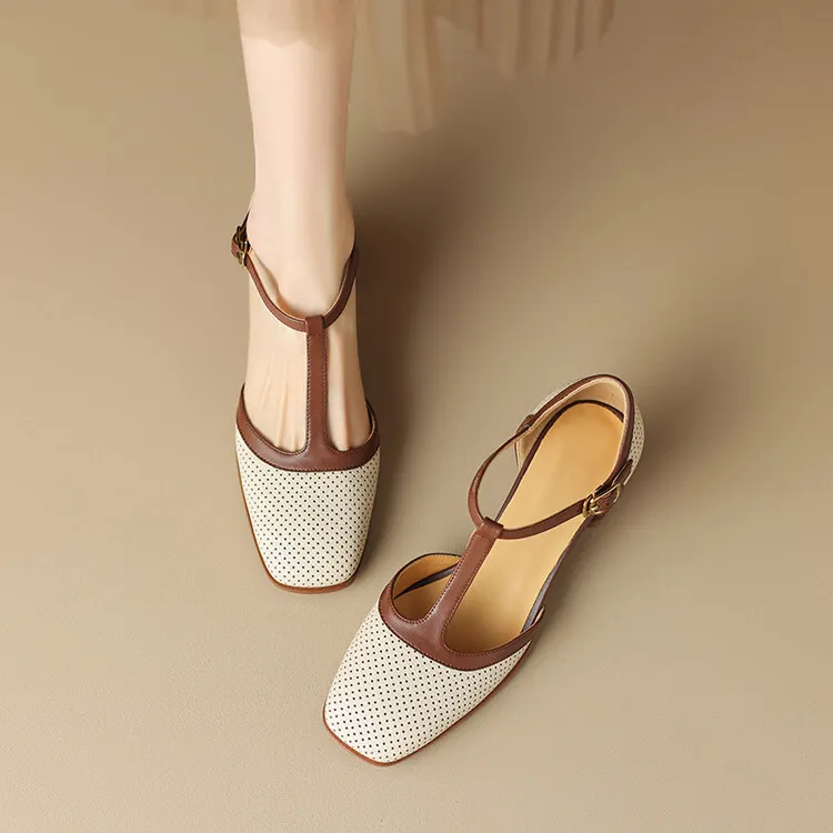 Women's Leather Closed-Toe Sandals, Mid-Heel, French Retro Style, Color Block, T-Strap, Mesh Roman Sandals, 3-16b