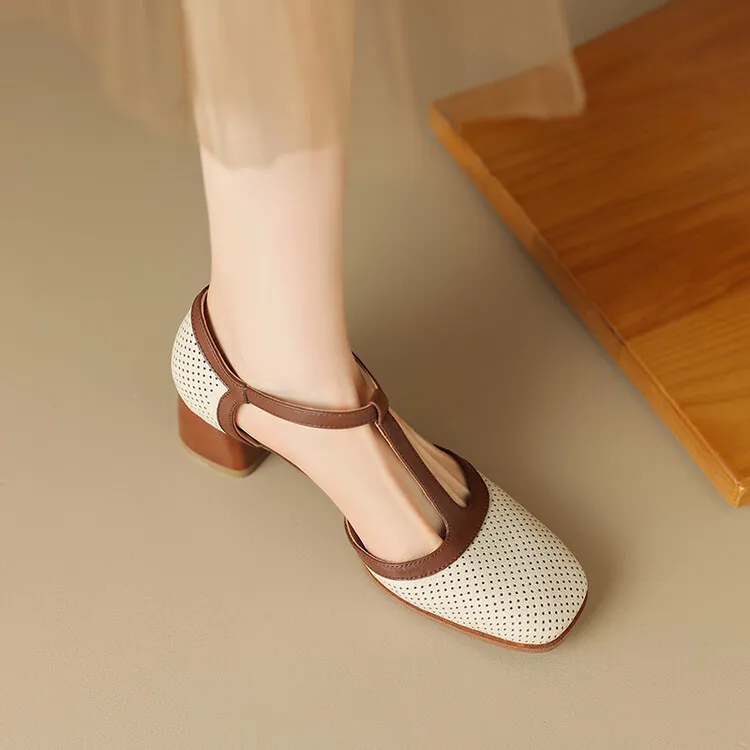 Women's Leather Closed-Toe Sandals, Mid-Heel, French Retro Style, Color Block, T-Strap, Mesh Roman Sandals, 3-16b