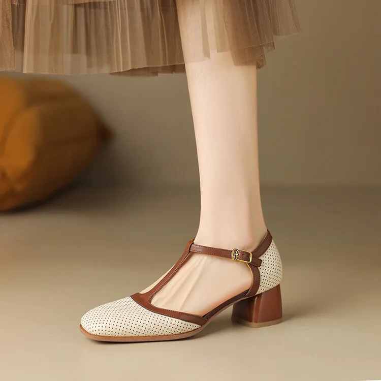 Women's Leather Closed-Toe Sandals, Mid-Heel, French Retro Style, Color Block, T-Strap, Mesh Roman Sandals, 3-16b