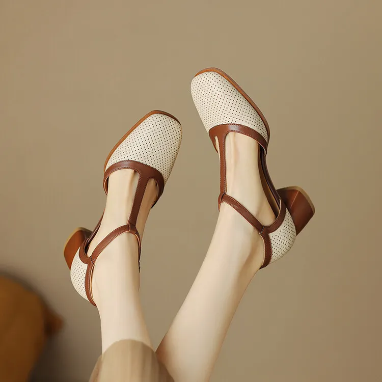 Women's Leather Closed-Toe Sandals, Mid-Heel, French Retro Style, Color Block, T-Strap, Mesh Roman Sandals, 3-16b