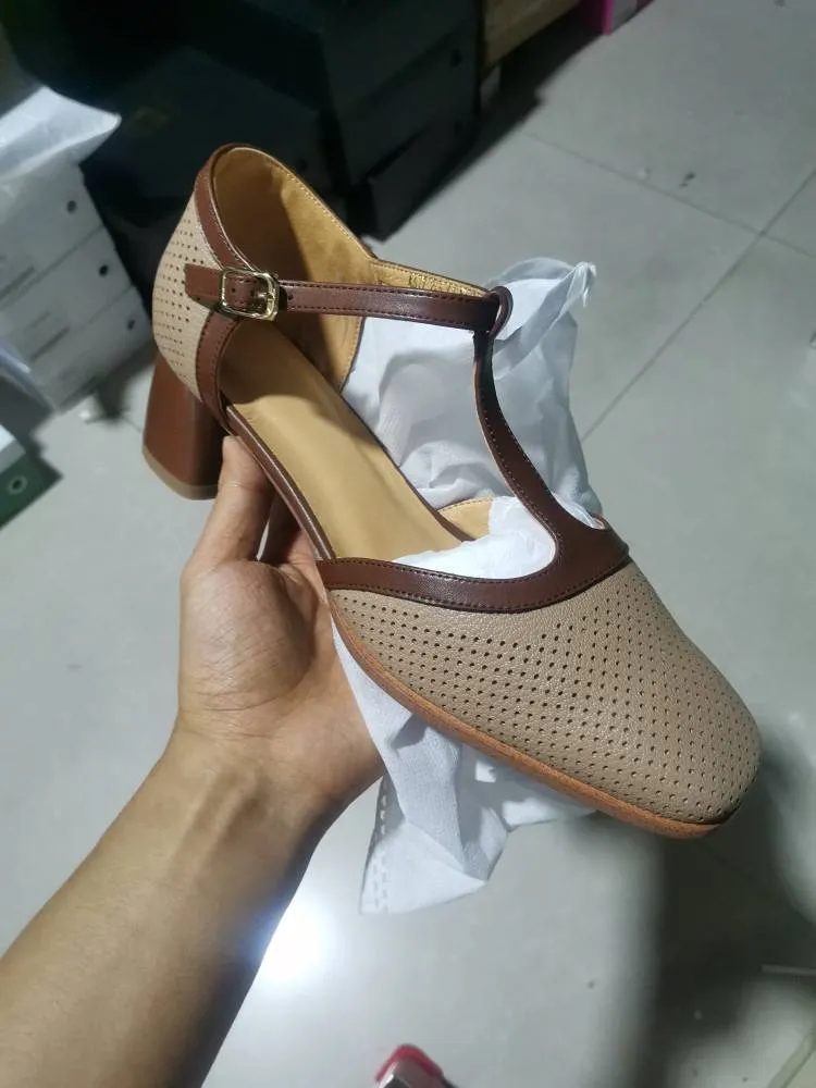 Women's Leather Closed-Toe Sandals, Mid-Heel, French Retro Style, Color Block, T-Strap, Mesh Roman Sandals, 3-16b