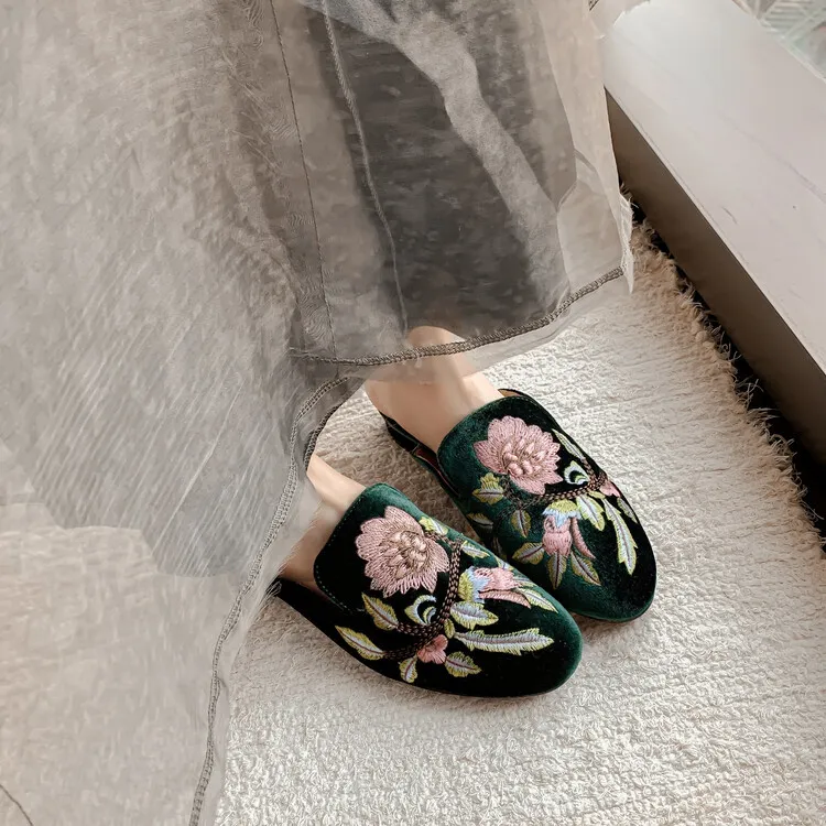 Spring Embroidered Toe-Up Flat Half-Slip Mules for Women 3-21e
