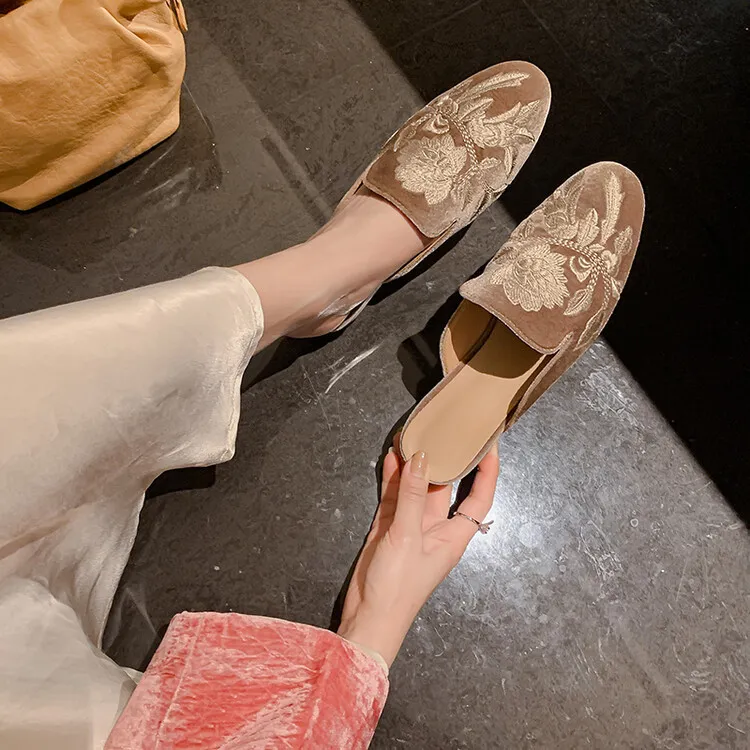 Spring Embroidered Toe-Up Flat Half-Slip Mules for Women 3-21e