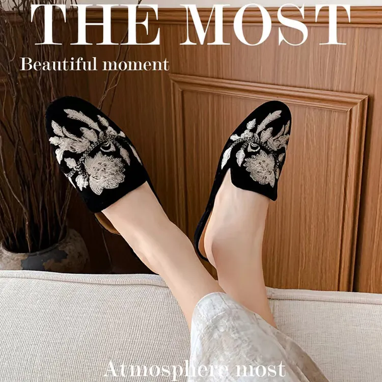 Spring Embroidered Toe-Up Flat Half-Slip Mules for Women 3-21e
