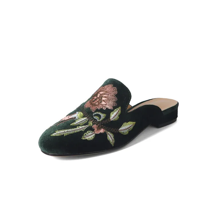 Spring Embroidered Toe-Up Flat Half-Slip Mules for Women 3-21e