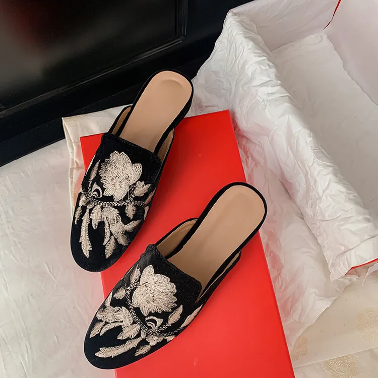 Spring Embroidered Toe-Up Flat Half-Slip Mules for Women 3-21e