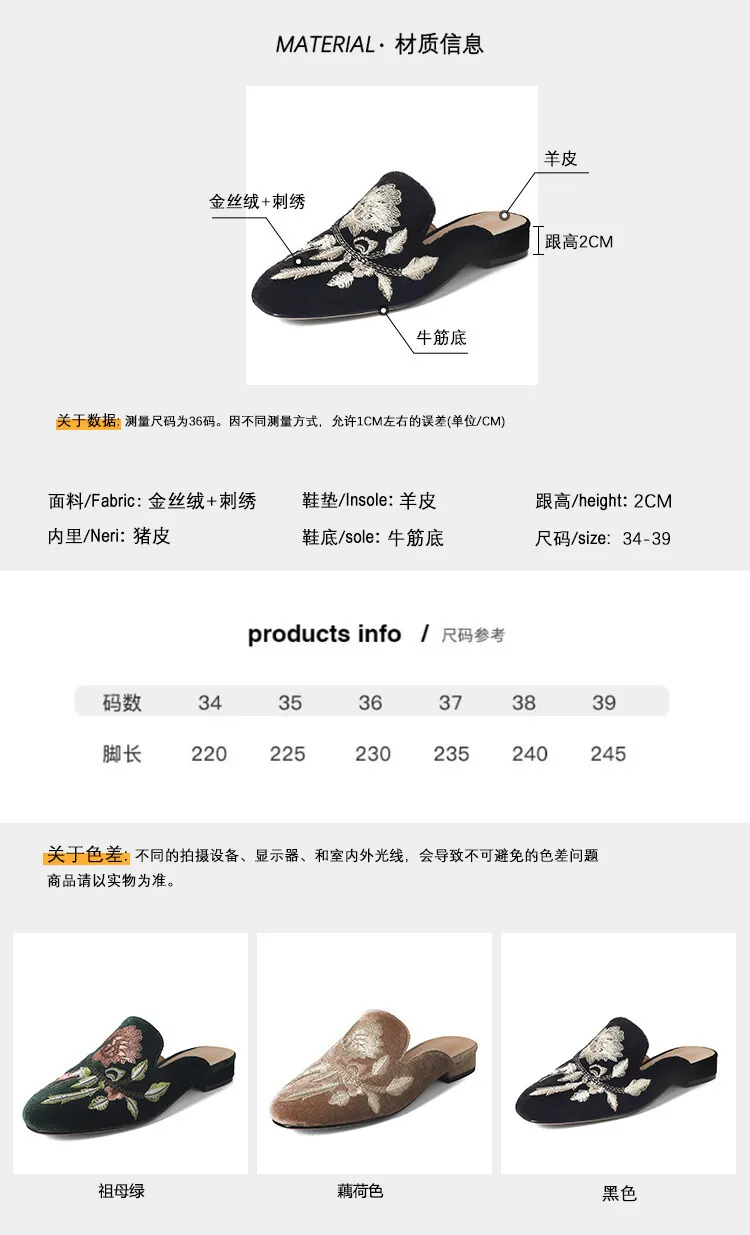 Spring Embroidered Toe-Up Flat Half-Slip Mules for Women 3-21e